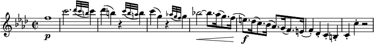 \relative f'' {
\key f \minor \time 2/2
f1 \p | c'2. \appoggiatura { des32 c b } c4
des4( b) r \appoggiatura { c32 b a } b4
c4( g) r \appoggiatura { as!32 g f } g4
bes!2~ \< bes8. as16( g8.) f16(
e8.) \f des16( c8.) bes16( as8.) g16( f8.) e16(
f4-.) des-. c-. b-. | c4-. c'-. r2
}