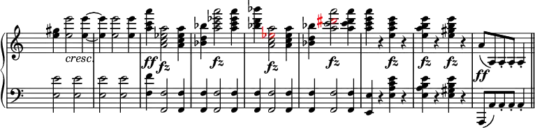 \new PianoStaff <<
\new Staff <<
\set Score.tempoHideNote = ##t
\tempo 2 = 88
\override Staff.TimeSignature.transparent = ##t
\relative c''
{ \override DynamicTextSpanner.style = #'none \crescTextCresc
<e gis> <e e'>2\< <e e'>4 ~ <e e'> <e e'>2 <e e'>4 <a c a'>\ff <a, c es a>2\fz <a c es a>4 <bes d bes'> <a' c es a>2\fz <a c es a>4 <bes d bes'> <a, c \tweak NoteHead.color #red \tweak Accidental.color #red es a>2\fz <a c es a>4 <bes d bes'> <a' c \tweak NoteHead.color #red \tweak Accidental.color #red dis a'>2\fz <a c dis a'>4 <a c e a > r <e a c e>\fz r <e a b e>\fz r <e gis b e>\fz r a,8\ff ( a,) a-. a-. a4-. \bar "||" }
>>
\new Staff <<
\override Staff.TimeSignature.transparent = ##t
\clef "bass"
\relative c { <e e'>2 <e e'> <e e'> <e e'> <f f'>4 <f, f'>2 <f f'>4 <f f'> <f f'>2 <f f'>4 <f f'> <f f'>2 <f f'>4 <f f'> <f f'>2 <f f'>4 <e e'> r <e' a c e> r <e a b e> r <e gis b e> r a,,8 ( a') a-. a-. a4-. }
>>
>>