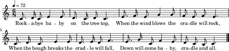 \relative c' { \autoBeamOff \key c' \major \time 6/8 \tempo 4 = 72
c8. d16 c8 e4 e8 | d8. c16 d8 c4. | e8. f16 e8 g4 g8 | f8 e8 f8 e4.
c8. d16 c8 e4 e8 | d8. e16 d8 f4. | e8. g16 c,8 f4 e8 | d8 c8 b8 c4. \bar "|."
}
\addlyrics {
Rock -- a -- bye ba -- by on the tree top,
When the wind blows the cra -- dle will rock,
When the bough breaks the crad -- le will fall,
Down will come ba -- by, cra -- dle and all.
}