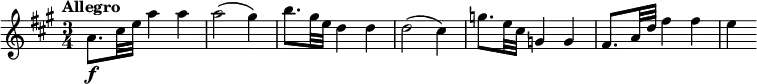 \relative c'' {
\override Score.NonMusicalPaperColumn #'line-break-permission = ##f
\version "2.18.2"
\tempo "Allegro"
\key a \major
\time 3/4
a8.\f cis32 e a4 a |
a2( gis4) |
b8. gis32 e d4 d |
d2( cis4) |
g'8. e32 cis g4 g |
fis8. a32 d fis4 fis |
e4
}