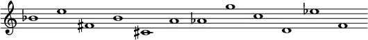 {
\new Staff \with { \remove "Bar_engraver" \remove "Time_signature_engraver"} {
bes'1 e'' fis' b' cis' a' as' g'' c'' d' es'' f'
}
}