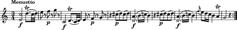 \relative c'' {
\version "2.18.2"
\key c \major
\time 3/4
\tempo "Menuetto"
<e, c'>2\f d'8. \trill (c32 d)
e8 r8 f \p r8 g r8
c,,2\f d8. \trill (c32 d)
e8 r8 f\p r8 g r8
r4 cis8 \p (d) cis (d)
<< {d,2.} {a'4.\f (b16 c! b4)}>>
r4 cis8 \p (d) cis (d)
<< {d,2.} {a'4.\f (b16 c! b4)}>>
\grace f'16 (e8) d16 c b4 a\trill
g2 r4 \bar ":|."
}