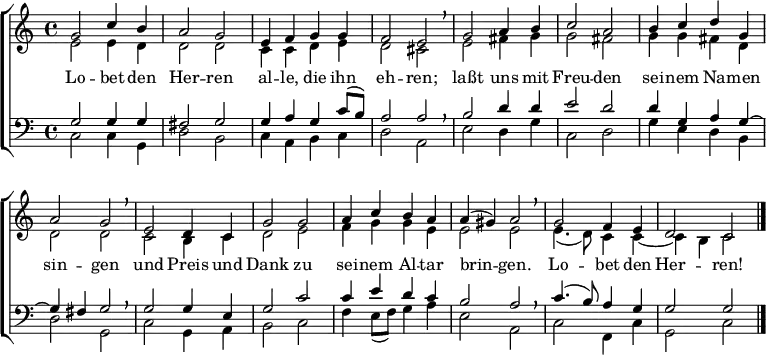 % Quelle: https://www.johann-crueger.de/praktische-ausgaben/lobet-den-herren-alle-die-ihn-ehren_crueger-1657-58_131_eg-447.pdf
\header { tagline = ##f }
\layout { indent = 0
\context { \Score \remove "Bar_number_engraver" }
\context { \Voice \remove "Dynamic_engraver" }
}
global = { \key c \major \time 4/4 }
soprano = { \global \set Staff.midiPanPosition = -0.5 \set midiInstrument = "flute"
g'2 c''4 b'4 | a'2 g'2 | e'4 f'4 g'4 g'4 | f'2 e'2 | \breathe
g'2 a'4 b'4 | c''2 a'2 | b'4 c''4 d''4 g'4 | a'2 g'2 | \breathe
e'2 d'4 c'4 | g'2 g'2 | a'4 c''4 b'4 a'4 | a'4 ( gis'4 ) a'2 | \breathe g'2 f'4 e'4 | d'2 c'2 \bar "|."
}
alto = { \global \set Staff.midiPanPosition = 0.5 \set midiInstrument = "oboe"
e'2 e'4 d'4 | d'2 d'2 | c'4 c'4 d'4 e'4 | d'2 cis'2 \breathe
e'2 fis'4 g'4 | g'2 fis'2 | g'4 g'4 fis'4 d'4 | d'2 d'2 \breathe
c'2 b4 c'4 | d'2 e'2 | f'4 g'4 g'4 e'4 | e'2 e'2 \breathe | e'4. (d'8) c'4 c'4~ | c'4 b4 c'2
}
tenor = { \global \set Staff.midiPanPosition = -1 \set midiInstrument = "clarinet"
g2 g4 g4 | fis2 g2 | g4 a4 g4 c'8 (b8) | a2 a2 | \breathe
b2 d'4 d'4 | e'2 d'2 | d'4 g4 a4 g4~ | g4 fis4 g2 | \breathe
g2 g4 e4 | g2 c'2 | c'4 e'4 d'4 c'4 | b2 a2 | \breathe c'4. (b8) a4 g4 | g2 g2
}
bass = { \global \set Staff.midiPanPosition = 1 \set midiInstrument = "bassoon"
c2\ffff c4 g,4 | d2 b,2 | c4 a,4 b,4 c4 | d2 a,2 | \breathe
e2 d4 g4 | c2 d2 | g4 e4 d4 b,4 | d2 g,2 | \breathe
c2 g,4 a,4 | b,2 c2 | f4 e8 (f8) g4 a4 | e2 a,2 | \breathe c2 f,4 c4 | g,2 c2
}
verse = \lyricmode {
Lo -- bet den Her -- ren al -- le, die ihn eh -- ren;
laßt uns mit Freu -- den sei -- nem Na -- men sin -- gen
und Preis und Dank zu sei -- nem Al -- tar brin -- gen.
Lo -- bet den Her -- ren!
}
\score {
\new ChoirStaff <<
\new Staff \with {
% midiInstrument = "choir aahs"
} <<
\new Voice = "soprano" { \voiceOne \soprano }
\new Voice = "alto" { \voiceTwo \alto }
>>
\new Lyrics \with {
\override VerticalAxisGroup #'staff-affinity = #CENTER
} \lyricsto "soprano" \verse
\new Staff \with {
% midiInstrument = "choir aahs"
} <<
\clef bass
\new Voice = "tenor" { \voiceOne \tenor }
\new Voice = "bass" { \voiceTwo \bass }
>>
>>
\layout { }
\midi { \tempo 4=136
\context { \Score midiChannelMapping = #'instrument }
\context { \Staff \remove "Staff_performer" }
\context { \Voice \consists "Staff_performer" }
}
}