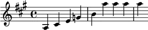 { \key a \major a cis' e' g' b' a'' a'' a'' a''}