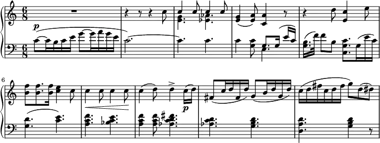 
 \relative c' {
  \new PianoStaff <<
   \new Staff { \key a \minor \time 6/8     \set Score.tempoHideNote = ##t
     \tempo "" 8 = 105

R1*6/8 r4 r8 r4 c'8
    <<
   {c4 c8 c4 c8}
    \\
   {<e, g>4. <ees aes>4.}
    >>
{<e g>4( <e a>8) <c a'>4 r8 r4 d'8 <c e,>4 e8 <b f'> <b f'>8. <b f'>16 <c e>4 c8 c4\< c8 c4 c8\! c4( d8) d4-> c16\p( d) fis,8( c'16 d fis, d') \stemUp g,8( b16 d g, d') \stemNeutral c16( d fis c d fis g8) d( dis)}
   }
   \new Staff { \key a \minor \time 6/8 \clef bass \relative c'
{c8~( ^\markup{ \dynamic p} c16 b c e g8 ~ g16 a g e c2.~) c4. c4. c4 <c g>8
    <<
      \voiceOne { g8.[ g16(] e'[ c)] }
    \\
      \voiceTwo{e,4.}
    >>
\oneVoice <b' g>16.[( f'32]) f8[ b,] <c, g' c>8.[ g'16( e' c)] <g d'>4.( <c e>4.) <a c f>4. <bes c e>4. <a c f>4 <a c f>8 <aes c d fis>4. <aes c d>4. <g b d>4. <d a' d>4. <g b d>4 r8 }

    }
  >>
 }
