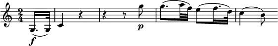 \relative g {
\key c \major \time 2/4
\partial 8 g16.( \f g32) | c4 r | r4 r8 g'' \p
g8.( a32 f) e8( f16. d32) | c4( b8)
}