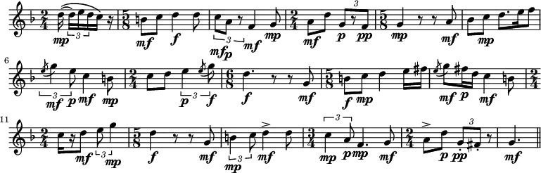 
\relative g'' {
    \key f \major
    \time 2/4
    \partial 16*5 d16 \(  ( \mp \tuplet 3/2 { d16[) e16 d16 } c16\)] r16
    \time 5/8
    b8 \mf c d4 \f d8 \noBeam
    \tuplet 3/2 { c8 \mf a \p r8 } f4 \mf g8 \mp
    \time 2/4
    a8[ \mf d] \tuplet 3/2 { g,8[ \p r8 f8] \pp }
    \time 5/8
    g4 \mp r8 r8 a8 \mf
    bes8[ c] \mp d8.[ e16 f8]
    \tuplet 3/2 { \acciaccatura e8 g4 \mf e8 \p } c4 \mf b8 \mp
    \time 2/4
    c8[ d] \tuplet 3/2 { e4 \p \acciaccatura e8 g8 \f }
    \time 6/8
    d4. \f r8 r8 g, \mf
    \time 5/8
    b8[ \f c] \mp d4 e16[ fis]
    \acciaccatura e8 g8[ \mf fis16 \p d16] c4 \mf b8
    \time 2/4
    c16[ r16 d8] \mf \tuplet 3/2 { e8 g4 \mp }
    \time 5/8
    d4 \f r8 r8 g,8 \mf
    \tuplet 3/2 { b4 \mp c8 } d4-> \mf d8
    \time 3/4
    \tuplet 3/2 { c4 \mp a8 \p } f4. \mp g8 \mf
    \time 2/4
    a8[-> d] \p \tuplet 3/2 { g,8\staccato[ \pp fis\staccato ] } r8
    g4. \mf \bar "||"

}
