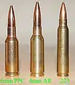 Größenvergleich mit der 6 mm AR und der .223 Remington