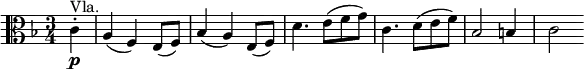 \relative c' {
\key f \major \time 3/4 \clef "alto"
\partial 4 c4-. \p ^"Vla." | a4( f) e8( f) | bes4( a) e8( f)
d'4. e8( f g) | c,4. d8( e f) | bes,2 b4 | c2
}