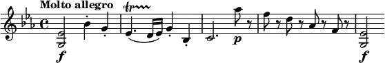 \relative c' { \set Staff.midiInstrument = #"string ensemble 1"
\version "2.18.2"
\key es \major
\tempo "Molto allegro" \set Score.tempoHideNote = ##t \tempo 4 = 144
<g es'>2\f bes'4-. g-. es4.\startTrillSpan( d16\stopTrillSpan es) g4-. bes,-. c2. as''8\p r f r d r as r f r <g, es'>2\f
}