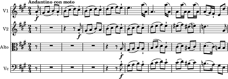 <<
\new Staff \with { instrumentName = #"V1 "} \relative c'' {
\version "2.18.2"
\clef treble
\key a \major
\tempo "Andantino con moto"
\time 2/4
\tempo 4 = 60
\partial 8 a8-! \f
gis (a b) a-!
b (cis d) cis-!
b (cis d) cis-!
d (e fis) e-!
e4. a16 (a,)
a4. a'16 (a,)
a8 a'16 (a,) a8 a'16 (a,)
a8 (gis16) fis-! e8 d'
}
\new Staff \with { instrumentName = #"V2 "} \relative c'' {
\clef treble
\key a \major
\time 2/4
\partial 8 r8 R2 r4 r8 a8-! \f
gis (a b) a
b (cis d) cis-!
b (cis d) cis-!
d (e fis) e-!
eis (fis) dis (e!)
d!4. gis,8
}
\new Staff \with { instrumentName = #"Alto "} \relative c'' {
\key a \major
\clef alto
\time 2/4
\partial 8 r8 R2 R2 R2 r4 r8 a,8-! \f
gis (a b) a-!
b (cis d) cis-!
cis (d) bis (cis)
d8. (cis16) b!8 b
}
\new Staff \with { instrumentName = #"Vc "} \relative c'' {
\key a \major
\clef bass
\time 2/4
\partial 8 r8 R2 R2 R2 r4 r8 a,8-! \f
gis (a b) a-!
b (cis d) cis-!
cis (d) bis (cis)
b!8. (a16) gis8 e
}
>>
