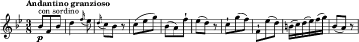 \relative c' {
\version "2.18.2"
\key bes \major
\tempo "Andantino granzioso"
\time 3/8
\tempo 4 = 50
bes'8\p ^\markup {con sordino} f bes
d4 \grace f16 (ees8)
\grace d16 (c8) bes r8
c8 (ees g)
bes, (a) f'-!
ees (d) r8
c-! g' (f)
f,-! ees' (d)
b16 (c) d (ees) f (g)
bes,8 (a) r8
}