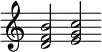 {
\new Staff \with { \remove "Time_signature_engraver" } {\cadenzaOn \clef violin \key c \major << { d'2} {f'2 } { b'2 } >> << {e'2} {g'2} {c''2} >> }
}