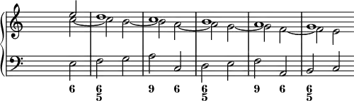 \new PianoStaff <<
<< % wegen Generalbass
\new Staff <<
\set Score.tempoHideNote = ##t
\tempo 4 = 160
\override Staff.TimeSignature.transparent = ##t
<<
\new Voice = "first"
\relative c''
{ \voiceOne s2 e d1 c b a g \bar "" }
\new Voice = "second"
\relative c'
{ \voiceTwo s2 c' ~ c b ~ b a ~ a g ~ g f ~ f e }
>>
>>
\new Staff <<
\override Staff.TimeSignature.transparent = ##t
\clef "bass"
\relative c { s e f g a c, d e f a, b c }
>>
>>
\new FiguredBass {
\figuremode { <_>2 <6> <6 5> <_> <9> <6> <6 5> <_> <9> <6> <6 5> <_> }
}
>> % wegen Generalbass