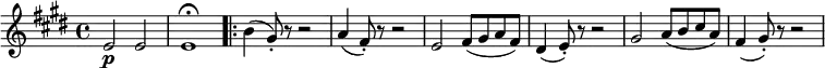 \relative e' { \key e \major \time 4/4
e2 \p e | e1 \fermata \bar ".|:"
b'4( gis8-.) r r2 | a4( fis8-.) r r2 | e2 fis8( gis a fis) | dis4( e8-.) r r2
gis2 a8( b cis a) | fis4( gis8-.) r r2
}