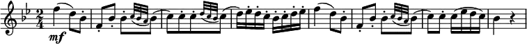  {
\relative f'' { \key bes \major \time 2/4
f4( \mf d8) bes-. | f8-. bes-. bes-.[ \appoggiatura { c32 bes a } bes8(]
c8)[ c-. c-. \appoggiatura { d32 c bes } c8(] | d16) es-. d-. c-. bes-. c-. d-. es-.
f4( d8) bes-. | f8-. bes-. bes-.[ \appoggiatura { c32 bes a } bes8(]
c8) c-. c16( es d c) | bes4 r}
}