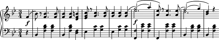\relative c' {
\new PianoStaff
<<
\new Staff { \key g \minor \time 3/4 \partial 4 \set Score.tempoHideNote = ##t \tempo "" 2. = 64
f4( bes8) r8
<<
{
<f bes>4. <f bes>8 <f bes>4 <f bes> <d f b> <ees g c>8 r <g c>4. <g c>8 <g c>4 <g c> <g c>( g'2)(\( a4) <a, ees'>8\) r <a ees'>4. <a ees'>8( f'2)(\( g4) <bes, d>\) r
}
\\
{
s4. s8 s4 s s s8 s s4. s8 s4 s s ees2.\f s8 s s4. s8 d2.
}
>>
}
\new Dynamics {
s\f
}
\new Staff { \key g \minor \time 3/4 \clef bass \partial4
r4 bes,, <f' bes d> <f bes d> bes, <f' bes d> <d f> ees <g c> <g c> ees <g c> <g c> <f, f'> <f' c' ees> <f c' ees> f, <f' c' ees> <f c' ees> bes, <f' bes d> <f bes d> bes, <f' bes d>
}
>>
}