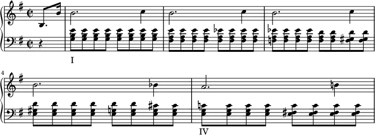 \new PianoStaff <<
\new Staff <<
\set Score.tempoHideNote = ##t
\key e \minor
\time 2/2
\tempo 2 = 54
\relative c' { \partial 4 b8. b'16 b2. c4 b2. c4 b2. c4 b2. bes4 a2. b!4 }
>>
\new Staff <<
\clef "bass"
\key e \minor
\time 2/2
\relative c {
r4
<g' b e>8 <g b e> <g b e> <g b e> <g b e> <g b e> <g b e> <g b e> % Takt 1
<fis a e'> <fis a e'> <fis a e'> <fis a e'> <fis a es'> <fis a es'> <fis a es'> <fis a es'> % Takt 2
<f a es'> <f a es'> <f a es'> <f a es'> <f a d> <f a d> <f gis d'> <f gis d'> % Takt 3
<e gis d'> <e gis d'> <e gis d'> <e gis d'> <e g d'> <e g d'> <e g cis> <e g cis> % Takt 4
<e g c!> <e g c> <e g c> <e g c> <e fis! c'> <e fis c'> <e fis c'> <e fis c'> % Takt 5
}
\addlyrics { I _ _ _ _ _ _ _ _ _ _ _ _ _ _ _ _ _ _ _ _ _ _ _ _ _ _ _ _ _ _ _ IV }
>>
>>