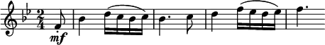 \relative f' {
\key bes \major \time 2/4
\partial 8 f8-. \mf bes4 d16( c bes c) bes4. c8 d4 f16( es d es) f4.
}