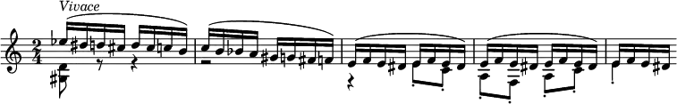 {
\set Score.tempoHideNote = ##t
\clef violin \key c \major \time 2/4 \tempo 4 = 200
<< { \voiceOne
es''16(^\markup{\italic{Vivace}} dis'' d'' cis'' d'' cis'' c'' b')
c''16( b' bes' a' gis' g' fis' f')
e'( f' e' dis' e' f' e' dis')
e'( f' e' dis' e' f' e' dis')
e'( f' e' dis'
}
\new Voice { \voiceTwo
<gis d'>8 r r4
r2
r4 e'8\staccato c'\staccato
a8\staccato f\staccato a\staccato c'\staccato
e'4\staccato
} >> \oneVoice
}