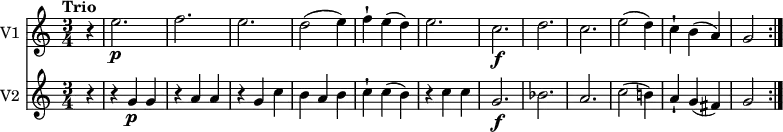 <<
\new Staff \with { instrumentName = #"V1 "} \relative c'' {
\version "2.18.2"
\key c \major
\tempo "Trio"
\time 3/4
\tempo 4 = 120
\partial 4 r4
e2.\p f e d2 (e4) f-! e (d) e2. c \f d c e2 (d4) c-! b (a) g2 \bar ":|."
}
\new Staff \with { instrumentName = #"V2 "} \relative c'' {
\key c \major
\time 3/4
\partial 4 r4 r4 g \p g r4 a a r4 g c b a b c-! c (b) r4 c c
g2. \f bes a c2 (b!4) a4-! g (fis) g2 \bar ":|."
}
>>
