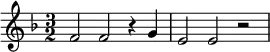 { \key d \minor \time 3/2 f'2 f'2 r4 g' e'2 e'2 r2 }
