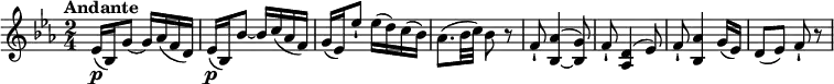 \relative c'' {
\version "2.18.2"
\key ees \major
\time 2/4
\tempo "Andante"
ees,16\p (bes) g'8~ g16 aes (f d)
ees16\p (bes) bes'8~ bes16 c (aes f)
g (ees) ees'8-! ees16 (d) c (bes)
aes8. (bes32 c) bes8 r8
f-! << {bes,4 ~ bes8} { aes'4 ^ (g8)} >>
f8-! <aes, d>4 ^(ees'8)
f8-! <bes, aes'>4 g'16 (ees)
d8 (ees) f-! r8
}