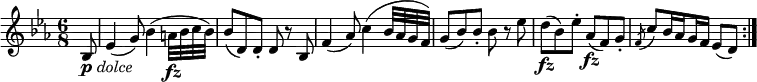  {
\relative bes { \key es \major \time 6/8
\partial 8 bes8 _\markup { \musicglyph #"p" \italic "dolce"}
es4( g8) bes4( a32 \fz bes c bes) | bes8( d,) d-. d8 r bes
f'4( as8) c4( bes32 as g f) | g8( bes) bes-. bes r es
d8( \fz bes) es-. as,( \fz f) g-.
\set subdivideBeams = ##t \acciaccatura f8 c'8 bes16 as g f es8([ d)] \bar ":|." }
}