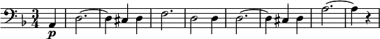 \relative {\key d \minor \time 3/4 \clef bass \partial 4 a,4\p d2.~ d4 cis d f2. d2 d4 d2.~ d4 cis d a'2.~ a4 r4 \bar "|"}