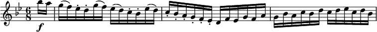 \relative bes'' {
\key bes \major \time 6/8
\partial 8 bes16 \f a | g( f) es-. d-. g( f) es( d) c-. bes-. es( d)
c-. bes-. a-. g-. f-. es-. d f es g f a | g bes a c bes d c d es c d bes
}