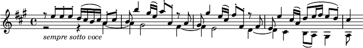 { \relative e'' { \key a \major \time 4/4
<< \new Voice = "first" { \voiceOne r8 e-. e-. e-. d16( cis b cis) a8-. cis-. | b8 b'4 gis16( e) a8-. a,-. r a |
gis8 gis'4 e16( cis) fis8-. fis,-. r fis | e8 e'4 cis16( a) d8( e16 fis e8 d-.) | cis4}
\new Voice = "second" \relative a' { \voiceTwo r2 _\markup { \italic "sempre sotto voce" } r4 a~ | a4 gis2 fis4~ |
fis4 e2 d4~ | d4 cis b8( a) gis4 | a8 } >> }}
\layout { \context { \Score \override SpacingSpanner.common-shortest-duration = #(ly:make-moment 1/8) }}