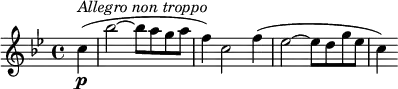 {
  \key bes \major \time 4/4 \tempo 4 = 120
  \set Score.tempoHideNote = ##t
  \partial 4 c''4(\p ^\markup{\italic{Allegro non troppo}}
  bes''2~ bes''8 a'' g'' a''
  f''4) c''2 f''4(
  es''2~ es''8 d'' g'' es''
  c''4)
}