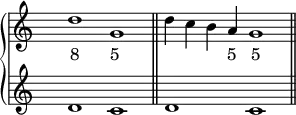 \new PianoStaff <<
\new Staff <<
\set Score.tempoHideNote = ##t
\time 2/1
\tempo 2 = 80
\override Staff.TimeSignature.transparent = ##t
\relative c'' { d1 g, \bar "||" d'4 c b a g1 \bar "||" }
\addlyrics { "8" "5" _ _ _ "5" "5" }
>>
\new Staff <<
\override Staff.TimeSignature.transparent = ##t
\relative c' { d1 c d c }
>>
>>