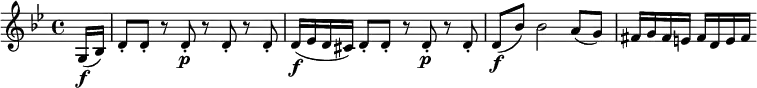 \relative g {
\key g \minor \time 4/4
\partial 8 g16( \f bes) | d8-. d-. r d-. \p r d-. r d-.
d16( \f es d cis) d8-. d-. r d-. \p r d-.
d8( \f bes') bes2 a8( g) |fis16 g fis e fis d e fis
}