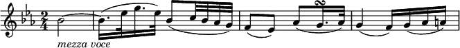 \relative bes' {
\key es \major \time 2/4
bes2~ _\markup { \italic "mezza voce" } | bes16.( es32 g16. es32) bes8( c32 bes as g)
f8( es) as( g16. \turn as32) | g4( f16) g( as a)
}