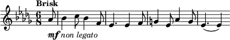 \new Score {
\new Staff {
\relative c'' {
\clef treble
\key des \major
\time 6/8
\tempo "Brisk"
\partial 8 as8-\markup {\dynamic mf \italic{non legato}} | bes4 c8 bes4 f8| es4. es4 f8 | g4 es8 as4 g8 | es4.(es4)
}
}
}