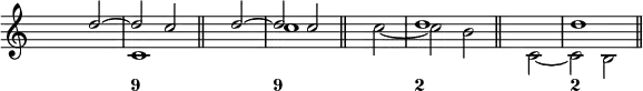 \new Staff
<<
\override Staff.TimeSignature.transparent = ##t
\set Score.tempoHideNote = ##t
\time 2/2
\tempo 4 = 160
<<
\new Voice = "first"
\relative c''
{ \voiceOne s2 d ~ d c \bar "||" s d ~ d c \bar "||" s1 d \bar "||" s1 d \bar "||"
}
\new Voice = "second"
\relative c'
{ \voiceTwo s1 c \bar "||" s1 c' \bar "||" s2 c ~ c b \bar "||" s c, ~ c b \bar "||"
}
>>
\new FiguredBass {
\figuremode { <_>1 <9> <_> <9> <_> <2> <_> <2>
}
}
>>
