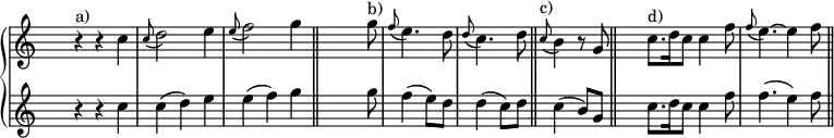 \new PianoStaff <<
\new Staff <<
\override Staff.TimeSignature.transparent = ##t
\relative c'' {
\time 3/4 r4^"a)" r c4 \appoggiatura c8 d2 e4 \appoggiatura e8 f2 g4 \bar "||"
\time 2/4 s4. g8^"b)" \appoggiatura f e4. d8 \appoggiatura d8 c4. d8 \bar "||"
\appoggiatura c8^"c)" b4 r8 g \bar "||"
\time 6/8 c8.^"d)" d16 c8 c4 f8 \appoggiatura f8 e4. ~ e4 f8 \bar "||"
}
>>
\new Staff <<
\override Staff.TimeSignature.transparent = ##t
\relative c''' {
\time 3/4 r4 r c, c( d) e e( f) g
\time 2/4 s4. g8 f4( e8) d d4( c8) d
c4( b8) g
\time 6/8 c8. d16 c8 c4 f8 f4. ( e4) f8
}
>>
>>