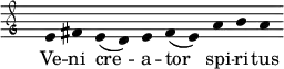 { \clef "petrucci-g"
\override Staff.Stem #'transparent = ##t
\override Staff.TimeSignature #'stencil = ##f
\set Score.timing = ##f
\override Voice.NoteHead #'style = #'baroque
\set suggestAccidentals = ##f
e'4 fis'4 e'4 (d'4) e'4 fis'4 (e'4) a'4 b'4 a'4 }
\addlyrics { Ve -- ni cre -- a -- tor spi -- ri -- tus }