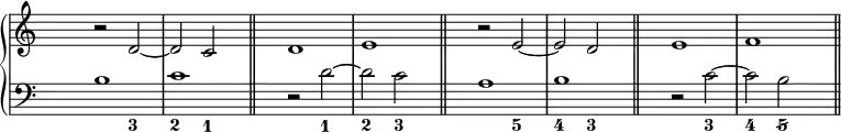 \new PianoStaff <<
<< % wegen Generalbass
\new Staff <<
\set Score.tempoHideNote = ##t
\time 3/2
\tempo 4 = 160
\override Staff.TimeSignature.transparent = ##t
\relative c' { s2 r d ~ d c s \bar "||" s2 d1 e s2 \bar "||" s2 r e ~ e d s \bar "||" s2 e1 f s2 \bar "||" }
>>
\new Staff <<
\override Staff.TimeSignature.transparent = ##t
\clef "bass"
\relative c' { s2 b1 c s2 \bar "||" s2 r2 d ~ d c s \bar "||" s2 a1 b s2 \bar "||" s2 r c ~ c b s \bar "||" }
>>
>>
\new FiguredBass {
\figuremode { <_>1 <3>2 <2> <1> <_>1. <1>2 <2> <3> <_>1. <5>2 <4> <3> <_>1. <3>2 <4> <5/> }
}
>> % wegen Generalbass