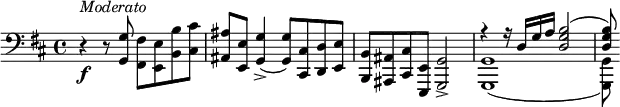 {
  \clef bass \key d \major \time 4/4 \tempo 4 = 60
  \set Score.tempoHideNote = ##t
  r4\f ^\markup{\italic{Moderato}} r8 <g, g> <fis, fis> <e, e> <b, b> <cis cis'>
  <ais, ais>8 <e, e> <g, g>4->( <g, g>8) <cis, cis> <d, d> <e, e>
  <b,, b,>8 <ais,, ais,> <cis, cis> <e,, e,> <g,, g,>2->
  << { \voiceOne
    r4 r16 d g a <d g b>2(
    <d g b>8)
  }
  \new Voice { \voiceTwo
    <g,, g,>1(
    <g,, g,>8)
  } >> \oneVoice
}