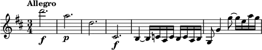 \relative c''' {
\version "2.18.2"
\key d \major
\time 3/4
\tempo "Allegro"
d2.\f | a\p | d, | cis,\f |
b4~ b16 c a c b c a b |
g8 g'4 g'8~ g16 e a g |
}