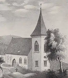 Uffkirche von Süden, um 1830. Links an der Langhauswand 2 Renaissance-Epitaphe.