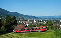 Pendelzug mit BDeh 4/4 auf dem Zahnstangenabschnitt oberhalb von Altstätten unterwegs in Richtung Gais