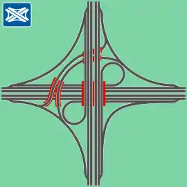 Kleeblatt mit halbdirekten Rampen (Bauform des Autobahnkreuzes Oberhausen-West)