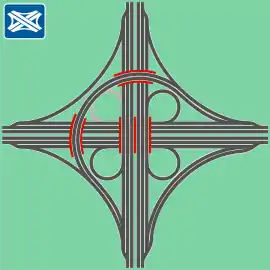 Kleeblatt mit mehrspuriger halbdirekter Rampe (z. B. Alzey, nachgerüstet u. a. in Kamen und Stuttgart)