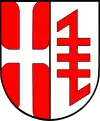 … hinten in Silber eine rote Hausmarke, der Schaft mit vorderer Oberkopfabstrebe, hinterer Unterfußstrebe (Doppelhaken) und drei Mittelkreuzsprossen (Ebenau)