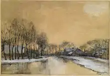 Jan Hillebrand Wijsmuller (undatiert): Winterlandschaft mit Häusern entlang eines Kanals, Privatbesitz.