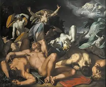 Apollo und Artemis schießen Pestpfeile auf die Kinder der Niobe, Gemälde von Abraham Bloemaert (1591)