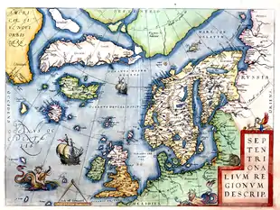 Karte des Nordatlantiks von Skandinavien bis Labrador (mit einigen Phantasieinseln) von Abraham Ortelius, 1573